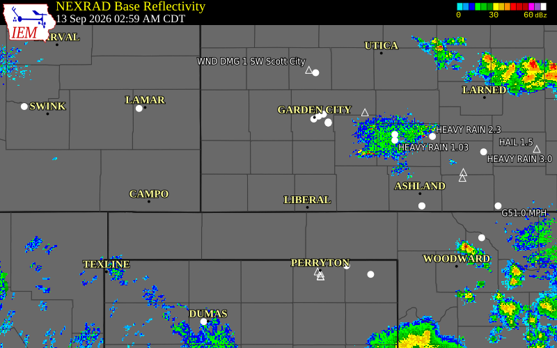 Current NEXRAD radar over Stanton County, Kansas with recent storm report locations