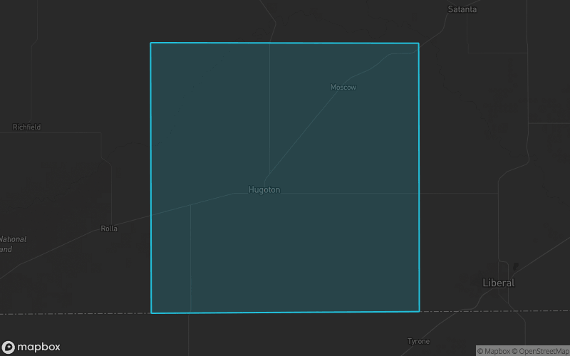 Map of Stevens County, Kansas showing the county boundary and surrounding cities