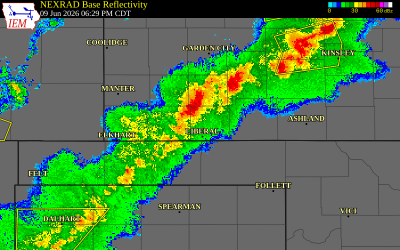 NEXRAD radar during the Tuesday, June 9, 2026 storm activity in Stevens County, Kansas