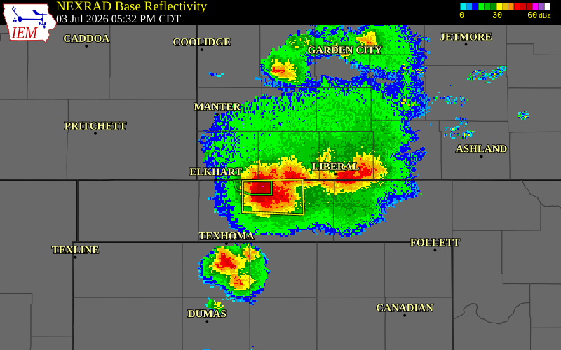NEXRAD radar during the Friday, July 3, 2026 storm activity in Stevens County, Kansas