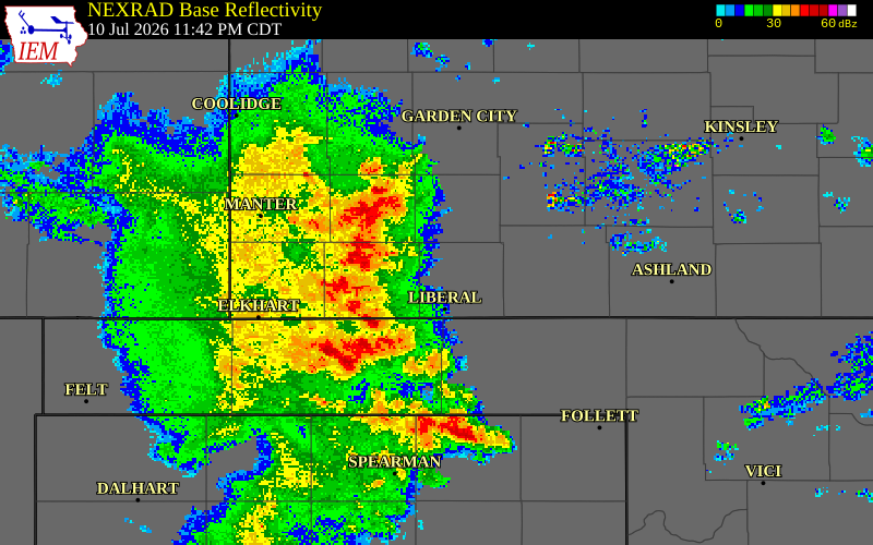 NEXRAD radar during the Friday, July 10, 2026 storm activity in Stevens County, Kansas