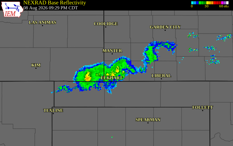 NEXRAD radar during the Saturday, August 8, 2026 storm activity in Stevens County, Kansas