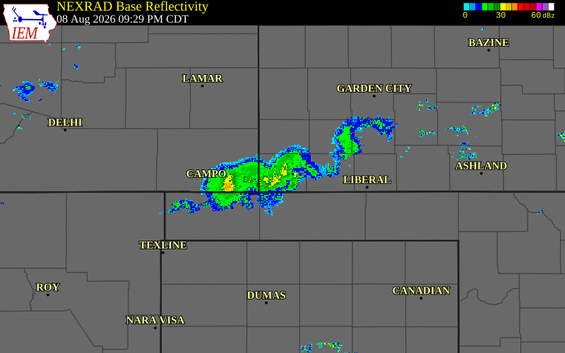 Radar snapshot during the Aug 8, 2026 wind event near Stevens County, Stevens County, Kansas, with NWS warning polygons