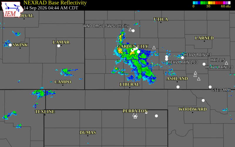 Current NEXRAD radar over Stevens County, Kansas with recent storm report locations