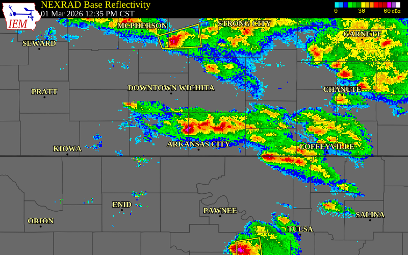 NEXRAD radar during the Sunday, March 1, 2026 storm activity in Sumner County, Kansas