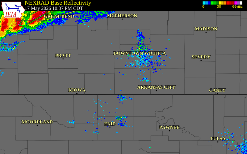 NEXRAD radar during the Sunday, May 17, 2026 storm activity in Sumner County, Kansas