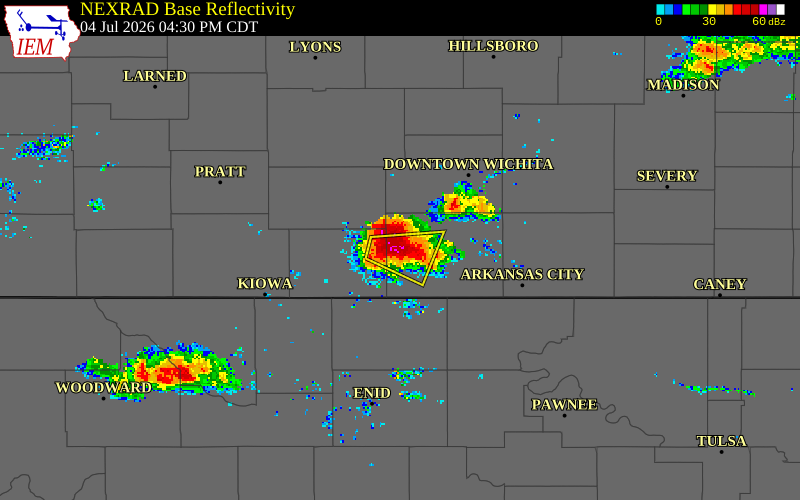 NEXRAD radar during the Saturday, July 4, 2026 storm activity in Sumner County, Kansas