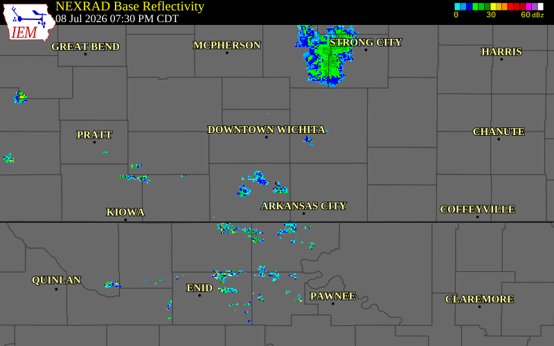 NEXRAD radar during the Wednesday, July 8, 2026 storm activity in Sumner County, Kansas