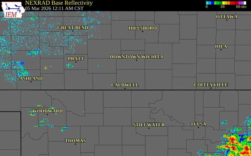 Radar snapshot during the Mar 5, 2026 tornado event near 3 WNW Mayfield, Sumner County, Kansas, with NWS warning polygons
