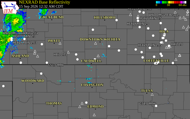 Current NEXRAD radar over Sumner County, Kansas with recent storm report locations