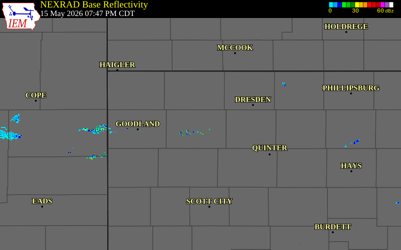 NEXRAD radar during the Friday, May 15, 2026 storm activity in Thomas County, Kansas