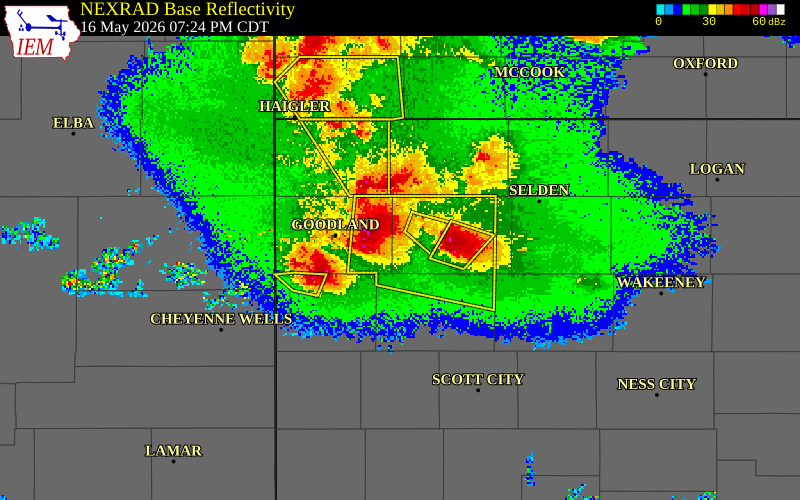 NEXRAD radar during the Saturday, May 16, 2026 storm activity in Thomas County, Kansas
