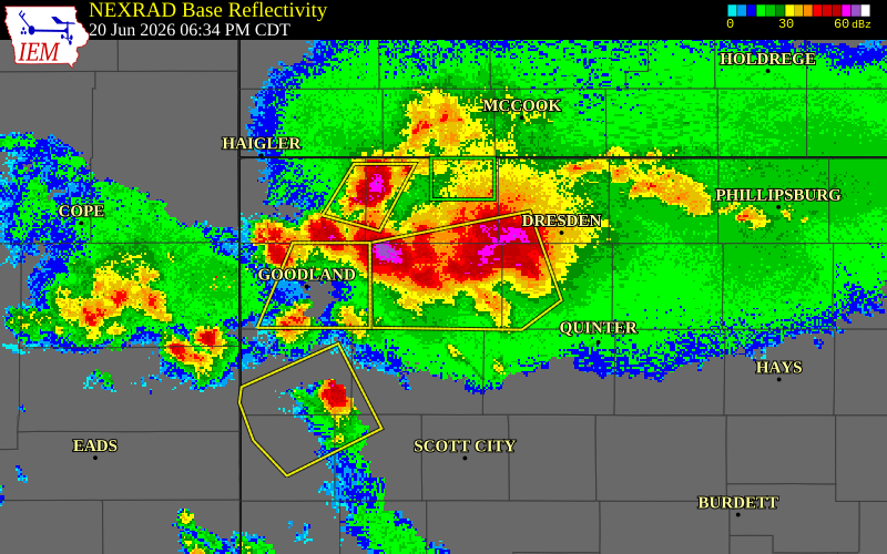 NEXRAD radar during the Saturday, June 20, 2026 storm activity in Thomas County, Kansas