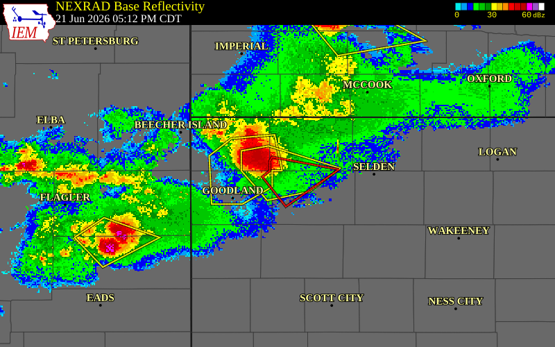 NEXRAD radar during the Sunday, June 21, 2026 storm activity in Thomas County, Kansas