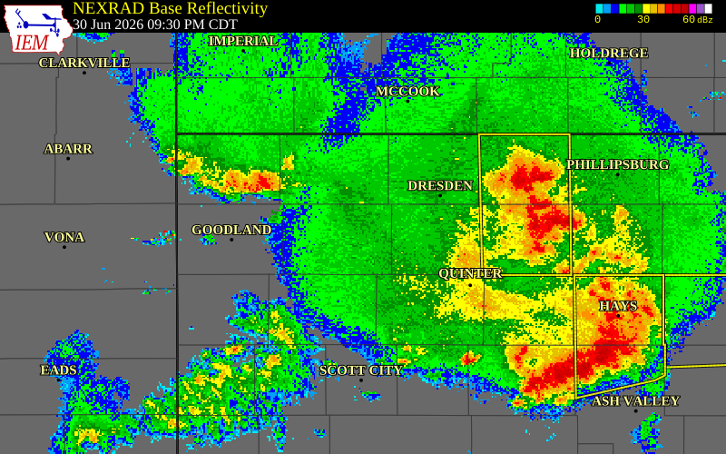NEXRAD radar during the Tuesday, June 30, 2026 storm activity in Thomas County, Kansas