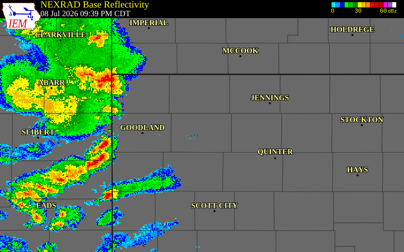 NEXRAD radar during the Wednesday, July 8, 2026 storm activity in Thomas County, Kansas