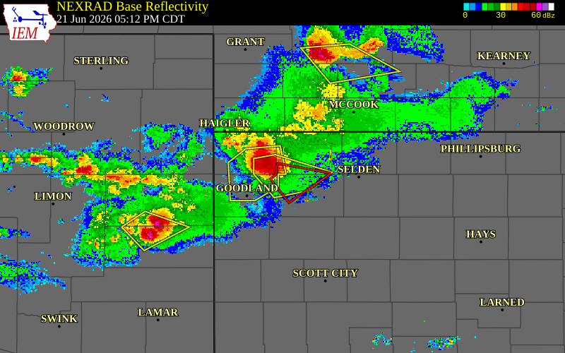 Radar snapshot during the Jun 21, 2026 tornado event near 13 N Brewster, Thomas County, Kansas, with NWS warning polygons