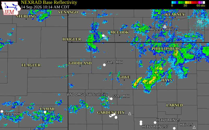 Current NEXRAD radar over Thomas County, Kansas with recent storm report locations