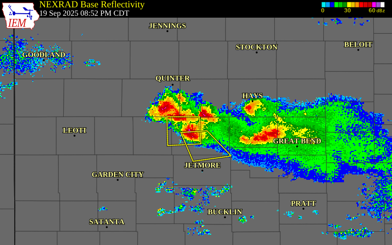 NEXRAD radar during the Friday, September 19, 2025 storm activity in Trego County, Kansas