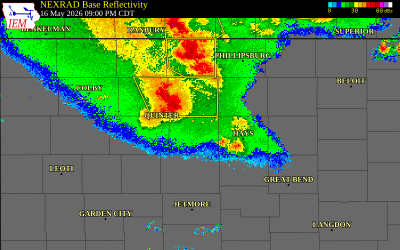 NEXRAD radar during the Saturday, May 16, 2026 storm activity in Trego County, Kansas