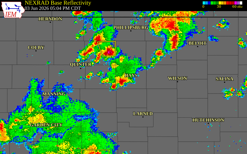 NEXRAD radar during the Wednesday, June 3, 2026 storm activity in Trego County, Kansas