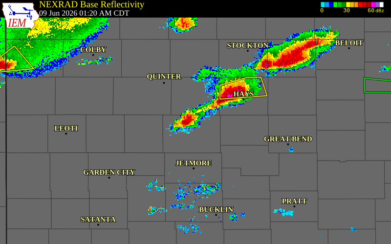 NEXRAD radar during the Tuesday, June 9, 2026 storm activity in Trego County, Kansas