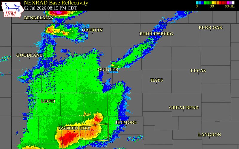 NEXRAD radar during the Thursday, July 2, 2026 storm activity in Trego County, Kansas