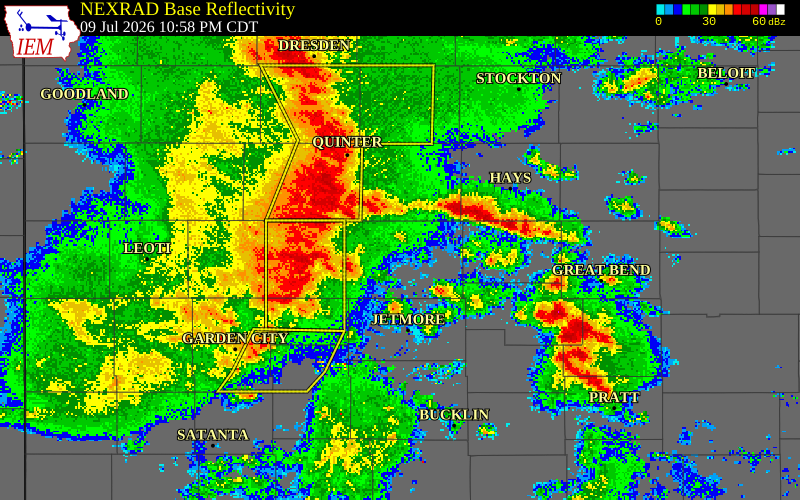 NEXRAD radar during the Thursday, July 9, 2026 storm activity in Trego County, Kansas