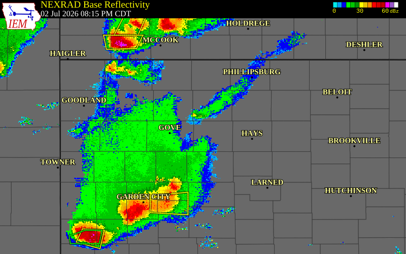 Radar snapshot during the Jul 2, 2026 hail event near Voda, Trego County, Kansas, with NWS warning polygons
