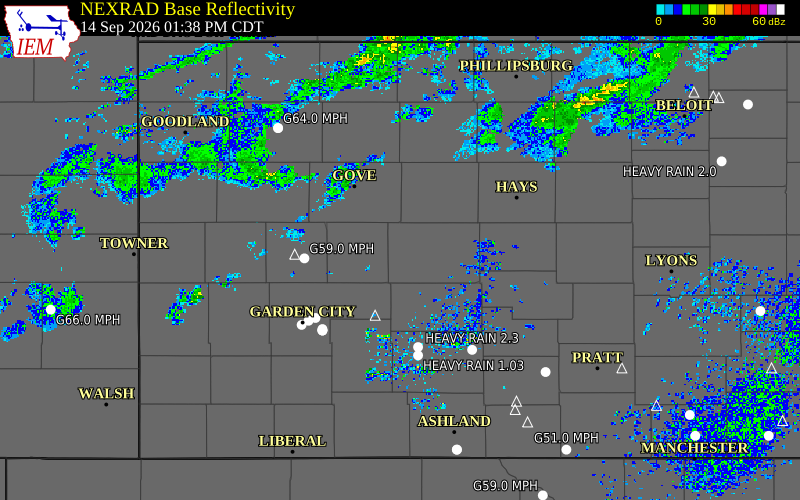 Current NEXRAD radar over Trego County, Kansas with recent storm report locations