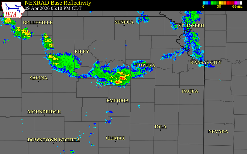 NEXRAD radar during the Thursday, April 9, 2026 storm activity in Wabaunsee County, Kansas