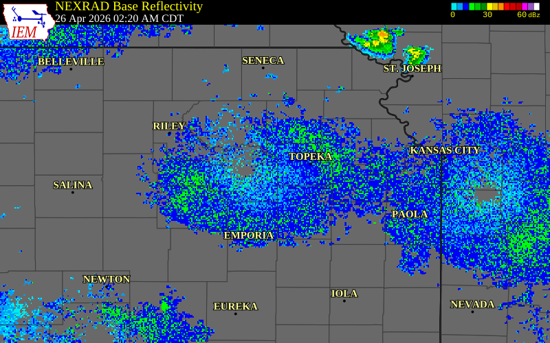 NEXRAD radar during the Sunday, April 26, 2026 storm activity in Wabaunsee County, Kansas