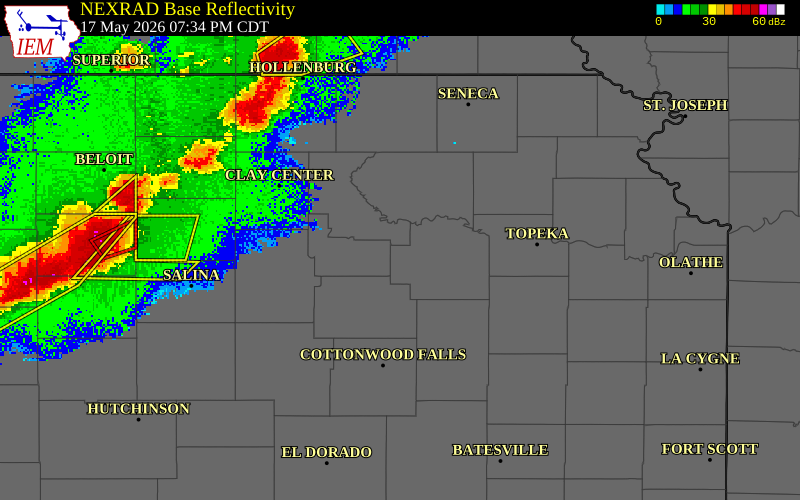 NEXRAD radar during the Sunday, May 17, 2026 storm activity in Wabaunsee County, Kansas