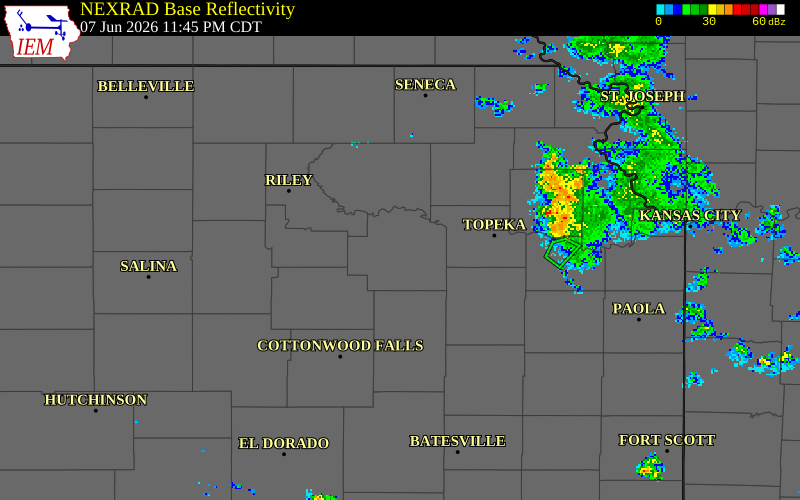 NEXRAD radar during the Sunday, June 7, 2026 storm activity in Wabaunsee County, Kansas