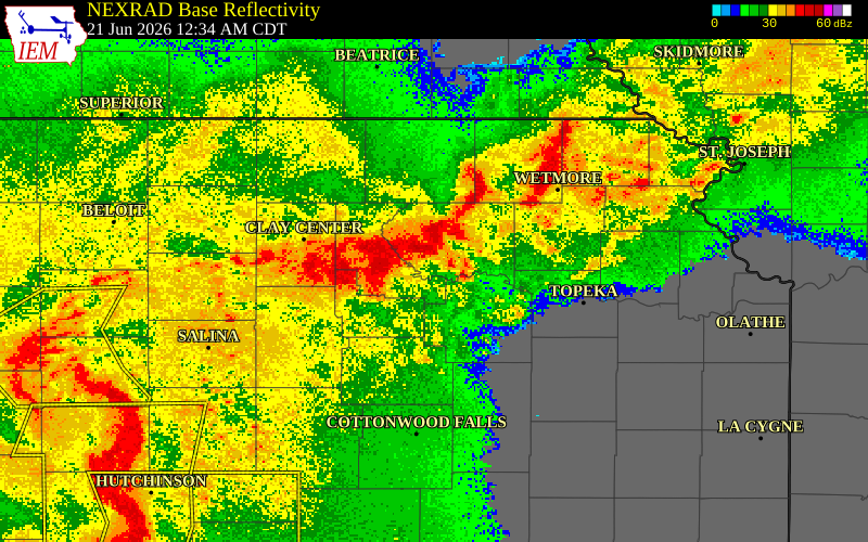 NEXRAD radar during the Sunday, June 21, 2026 storm activity in Wabaunsee County, Kansas