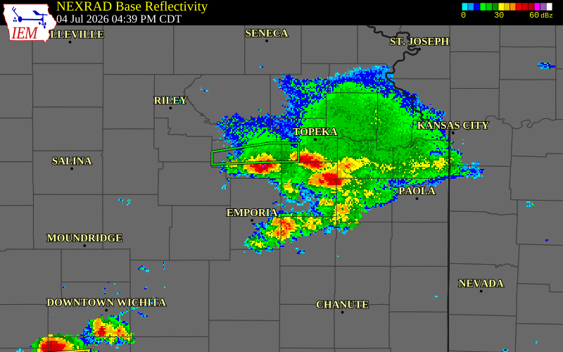 NEXRAD radar during the Saturday, July 4, 2026 storm activity in Wabaunsee County, Kansas