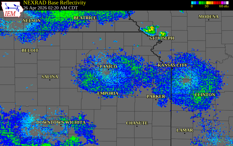 Radar snapshot during the Apr 26, 2026 wind event near 2 NW Dover, Wabaunsee County, Kansas, with NWS warning polygons