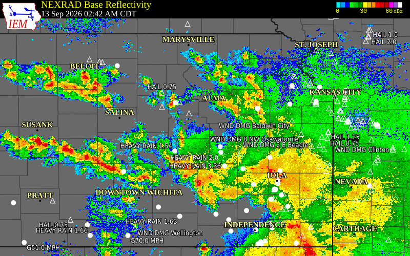 Current NEXRAD radar over Wabaunsee County, Kansas with recent storm report locations