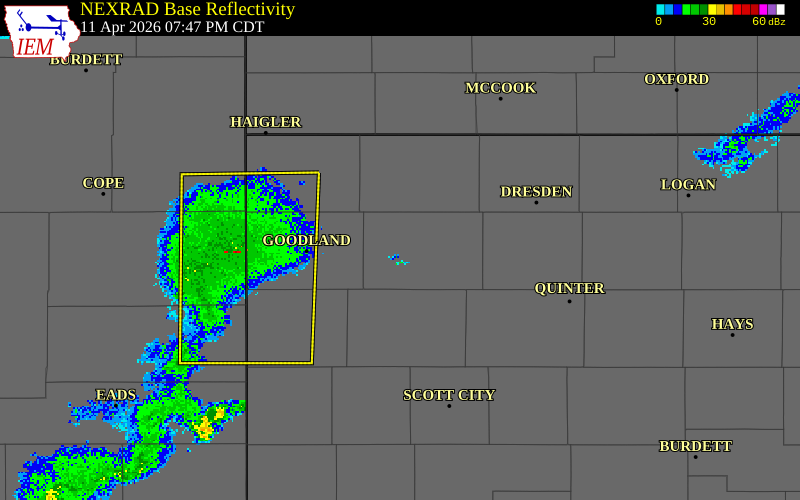NEXRAD radar during the Saturday, April 11, 2026 storm activity in Wallace County, Kansas