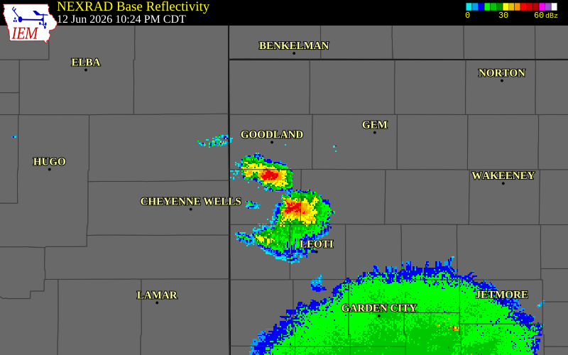 NEXRAD radar during the Friday, June 12, 2026 storm activity in Wallace County, Kansas