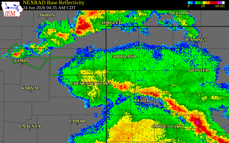 NEXRAD radar during the Wednesday, June 24, 2026 storm activity in Wallace County, Kansas