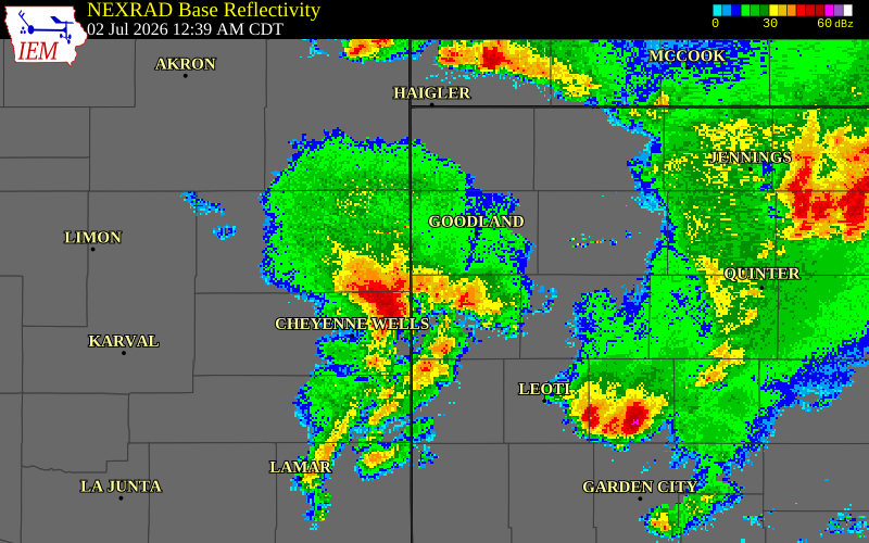 NEXRAD radar during the Thursday, July 2, 2026 storm activity in Wallace County, Kansas