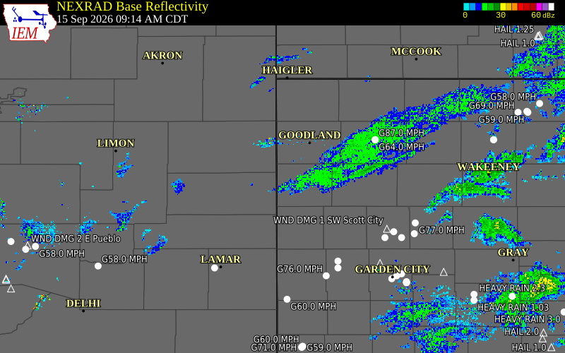 Current NEXRAD radar over Wallace County, Kansas with recent storm report locations