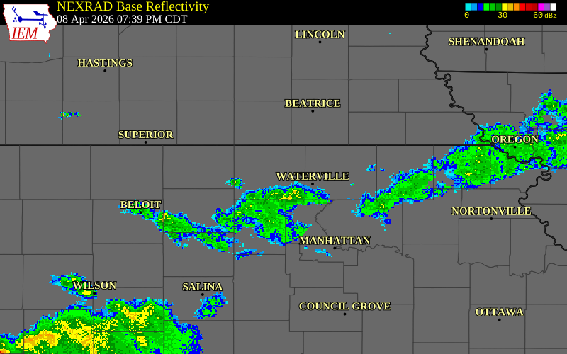 NEXRAD radar during the Wednesday, April 8, 2026 storm activity in Washington County, Kansas