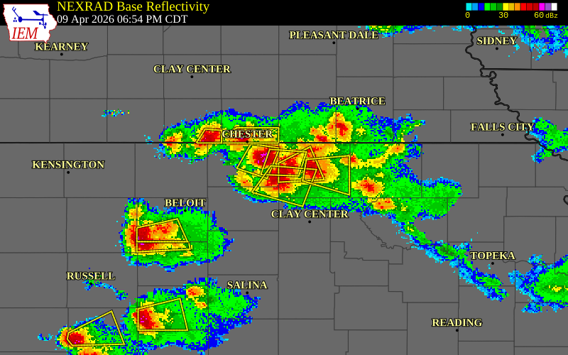 NEXRAD radar during the Thursday, April 9, 2026 storm activity in Washington County, Kansas