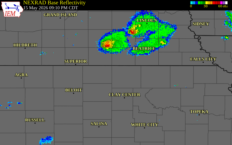 NEXRAD radar during the Friday, May 15, 2026 storm activity in Washington County, Kansas