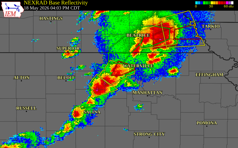 NEXRAD radar during the Monday, May 18, 2026 storm activity in Washington County, Kansas