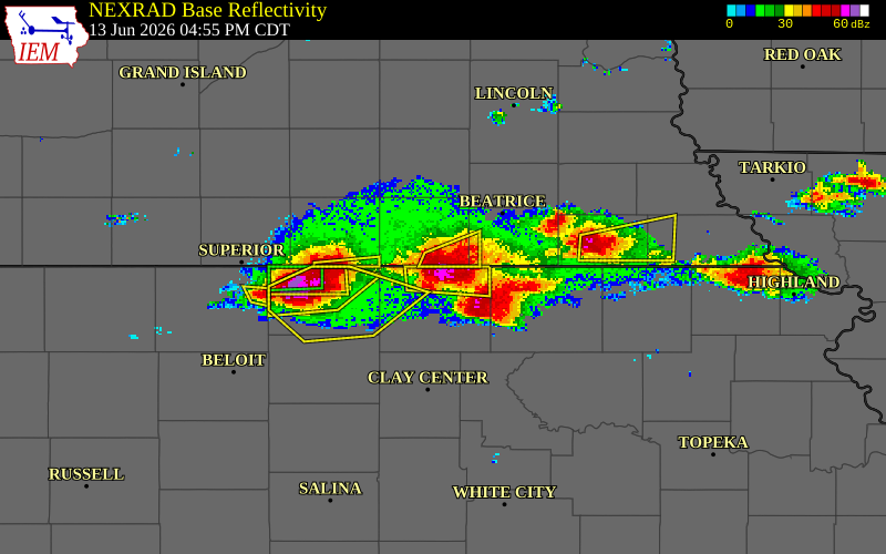 NEXRAD radar during the Saturday, June 13, 2026 storm activity in Washington County, Kansas