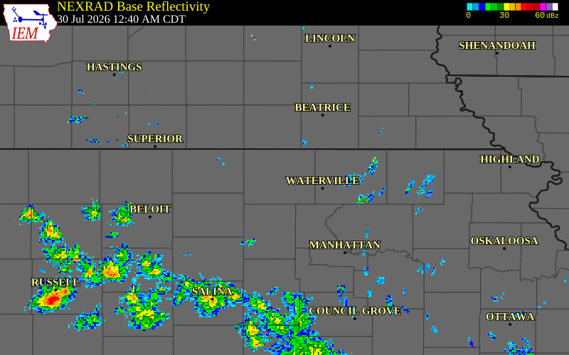 NEXRAD radar during the Thursday, July 30, 2026 storm activity in Washington County, Kansas