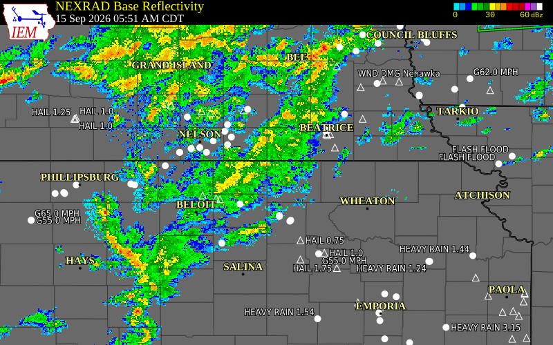 Current NEXRAD radar over Washington County, Kansas with recent storm report locations